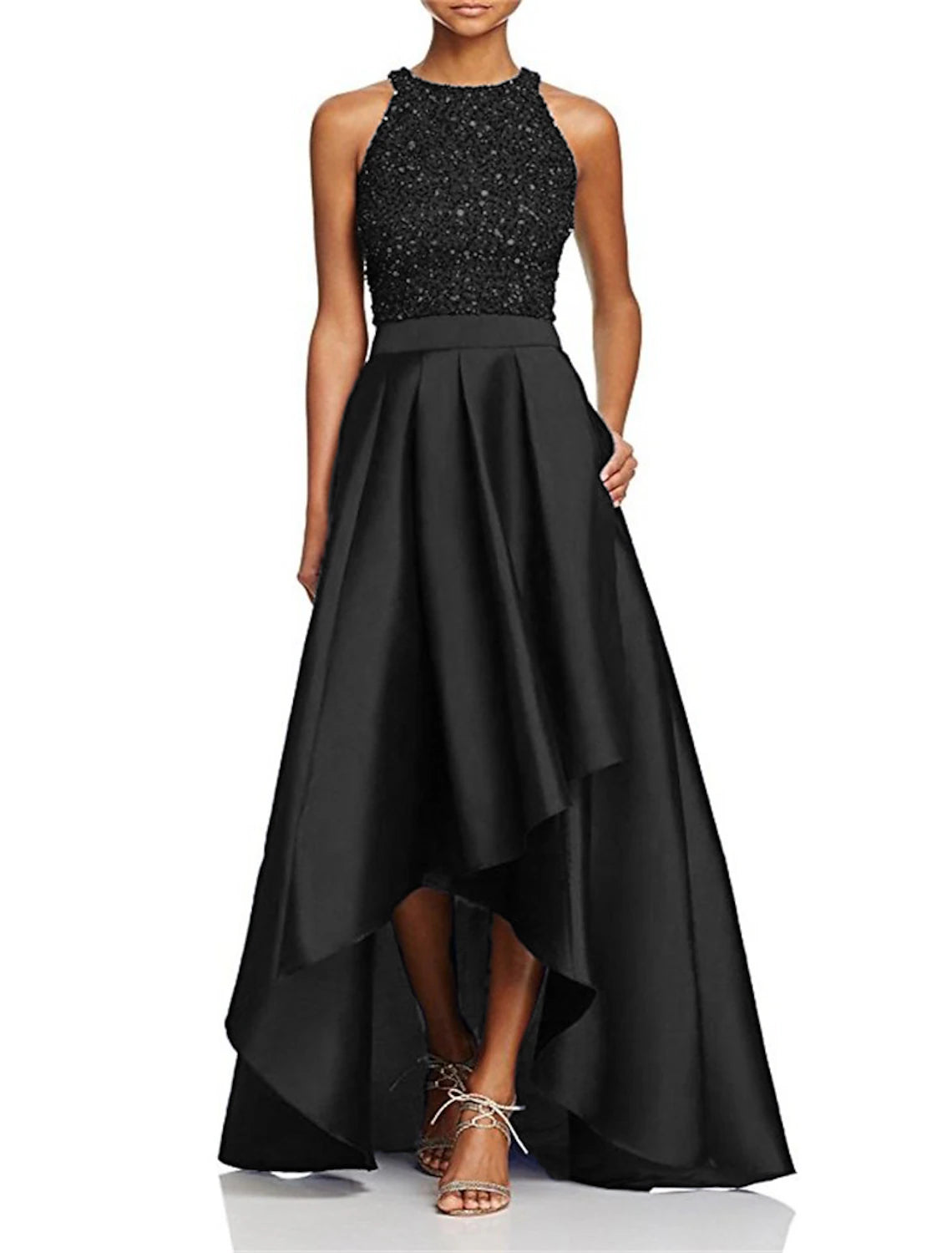 Wholesale A-Line Wedding Guest Dresses Sparkle Black Dress Plus Size Party Wear Semi Formal Asymmetrical Sleeveless Jewel Neck Fall Wedding Guest Satin with Beading Sequin
