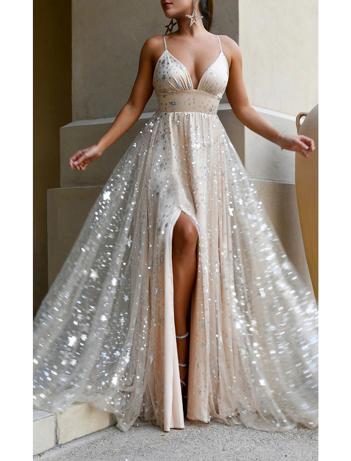 Wholesale A-Line Prom Dresses Sparkle Dress Wedding Guest Homecoming Floor Length Sleeveless V Neck Tulle with Sequin Tiered