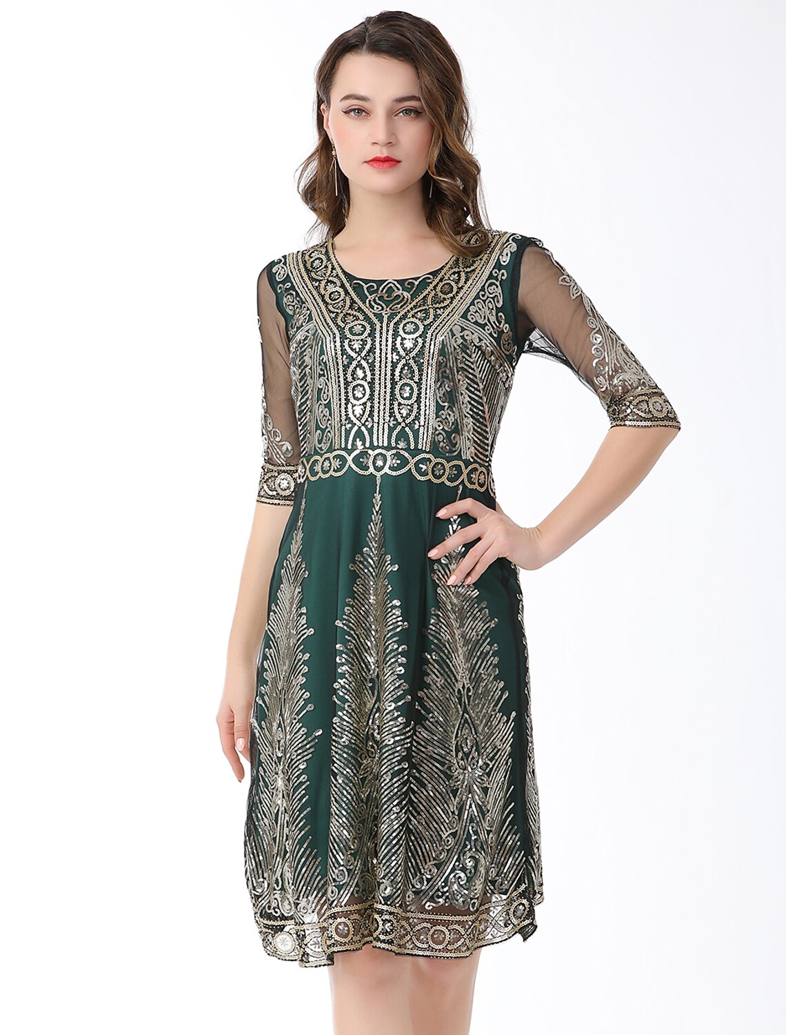 Wholesale A-Line Elegant Vintage Holiday Party Wear Dress Jewel Neck Half Sleeve Knee Length Cotton Blend with Sequin Splicing