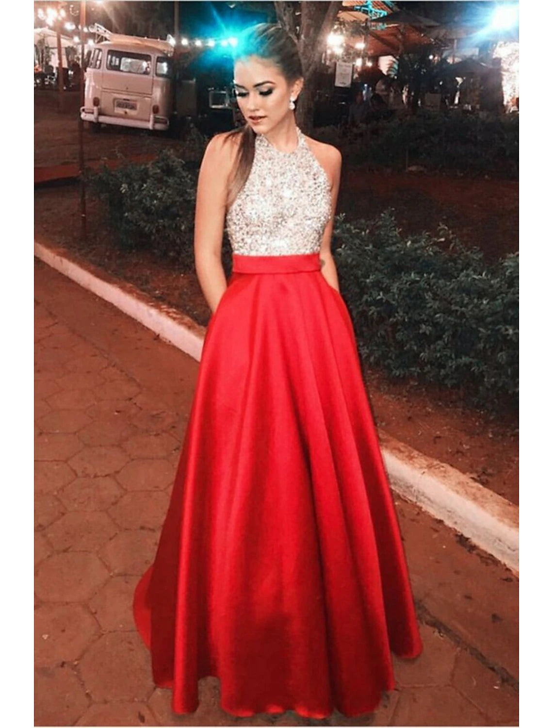 Wholesale  A-Line Prom Dresses Color Block Dress Engagement Prom Floor Length Sleeveless Halter Neck Satin with Pleats Sequin