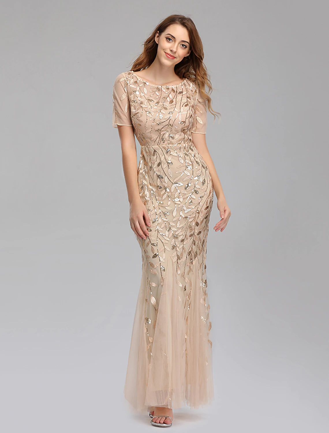 Wholesale Mermaid / Trumpet Evening Gown Empire Dress Prom Formal Evening Floor Length Short Sleeve Jewel Neck Fall Wedding Guest Tulle with Embroidery