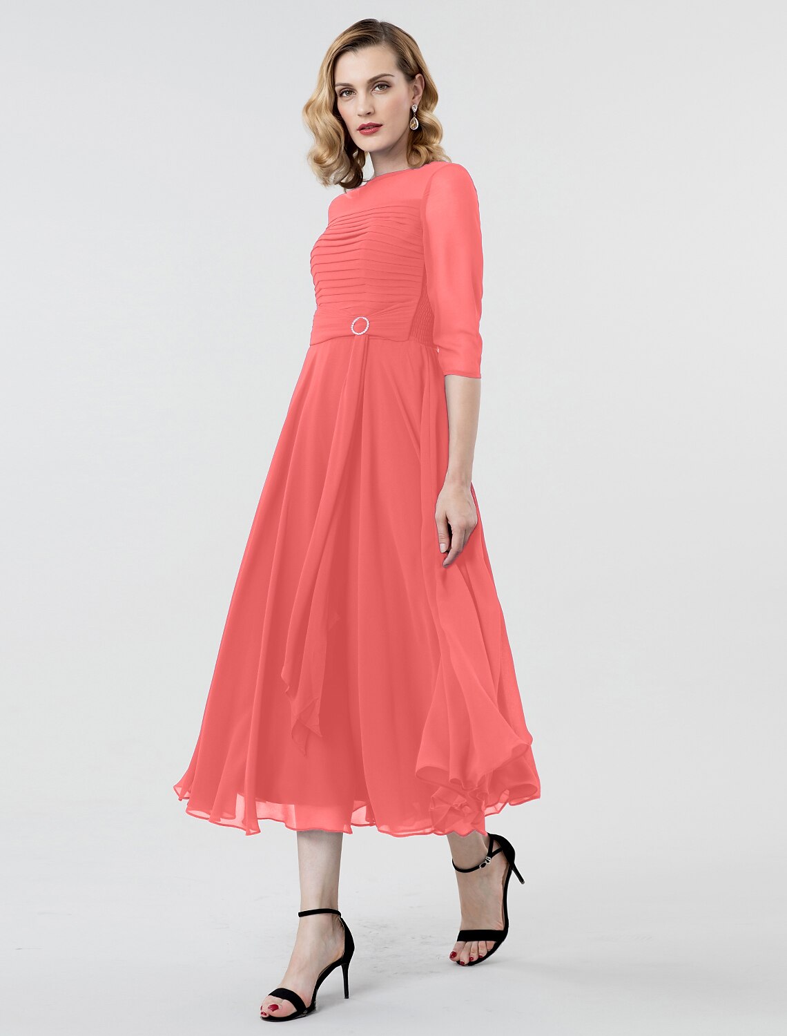 Wholesale  A-Line Elegant Formal Evening Wedding Party Dress Boat Neck 3/4 Length Sleeve Tea Length Georgette with Ruched Crystal Brooch