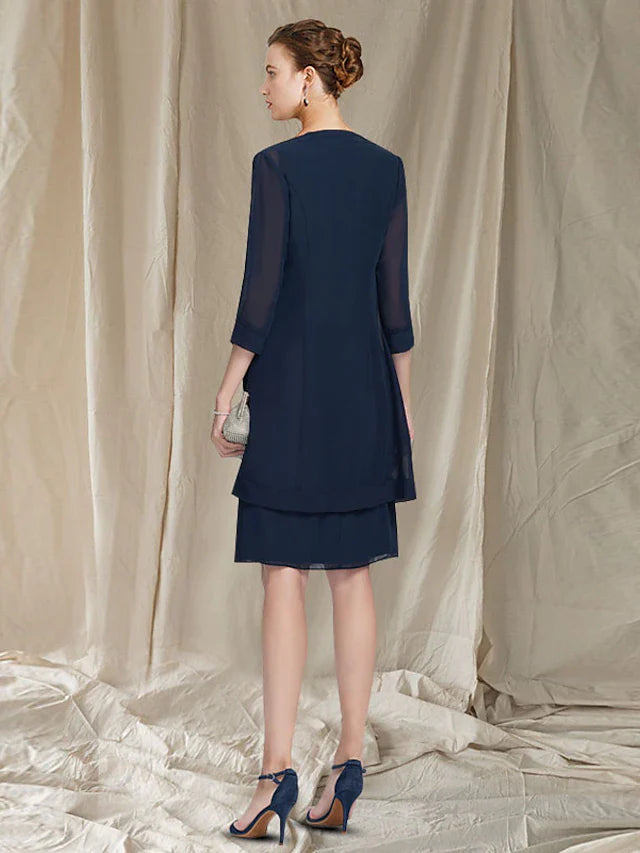 Wholesale Two Piece Sheath / Column Mother of the Bride Dress Elegant Jewel Neck Knee Length Chiffon Sleeveless Jacket Dresses with Beading Sequin