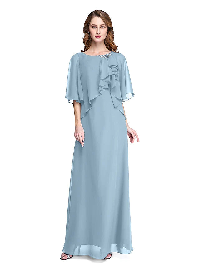 Wholesale Sheath / Column Mother of the Bride Dress Elegant Open Back Jewel Neck Floor Length Chiffon Half Sleeve with Pleats Beading Ruffle