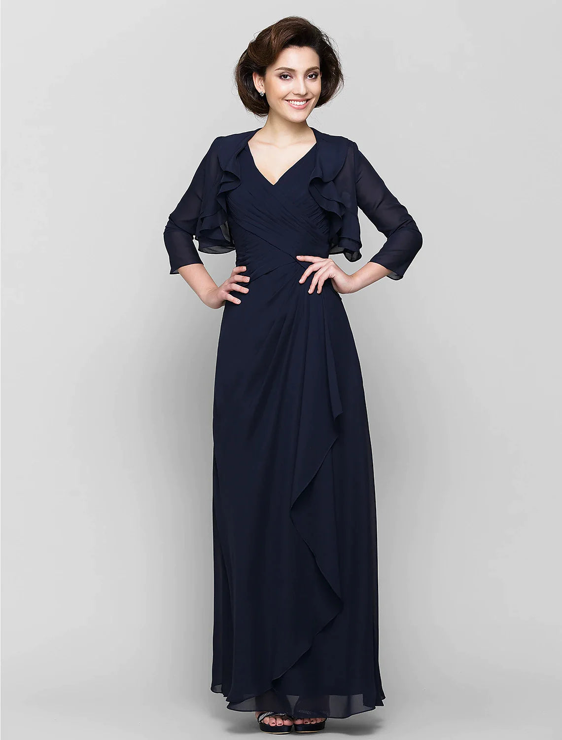 Wholesale Sheath / Column Mother of the Bride Dress Convertible Dress V Neck Floor Length Chiffon 3/4 Length Sleeve with Criss Cross Cascading Ruffles