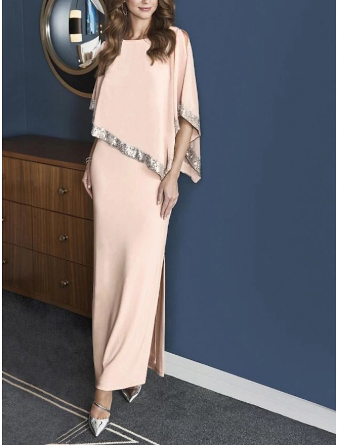 Wholesale Sheath Mother of the Bride Dress Cape Dress Wedding Guest Elegant Sparkle & Shine Jewel Neck Ankle Length Chiffon 3/4 Length Sleeve with Sequin Split Front