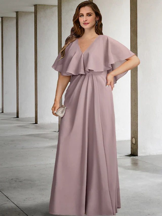 Wholesale Two Piece A-Line Plus Size Curve Mother of the Bride Dresses Elegant Dress Formal Floor Length Sleeveless V Neck Chiffon with Pleats Ruffles