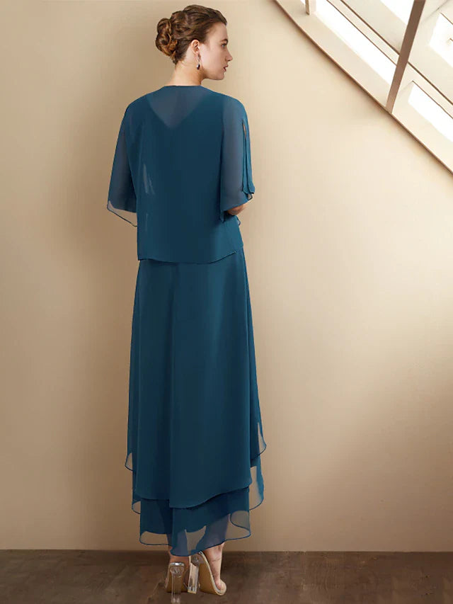 Wholesale A-Line Mother of the Bride Dress Elegant High Low V Neck Asymmetrical Tea Length Chiffon Sleeveless Wrap Included with Beading Cascading Ruffles Side-Draped