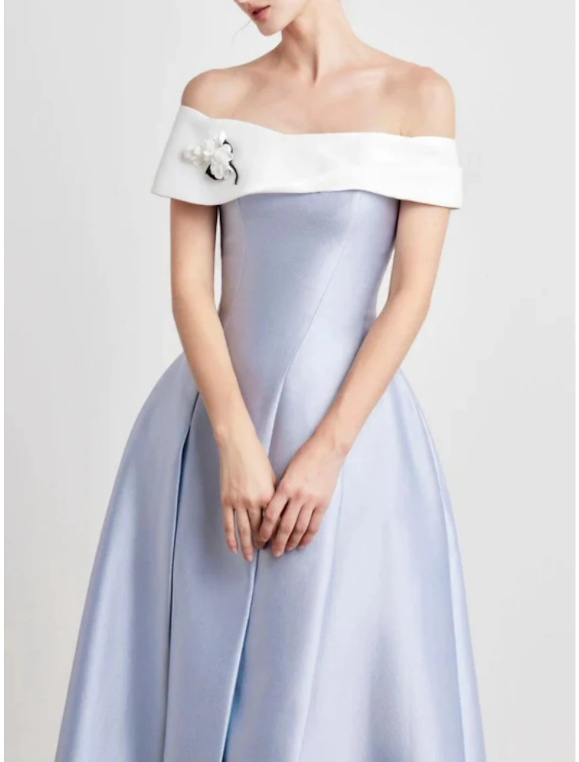 Wholesale A-Line Evening Gown Elegant Dress Formal Tea Length Short Sleeve Off Shoulder Satin with Pleats Shouder Flower