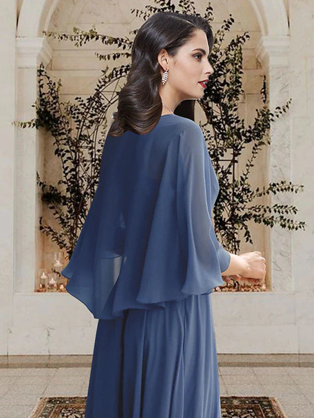 Wholesale A-Line Mother of the Bride Dress Elegant V Neck Floor Length Chiffon Half Sleeve with Crystal Brooch