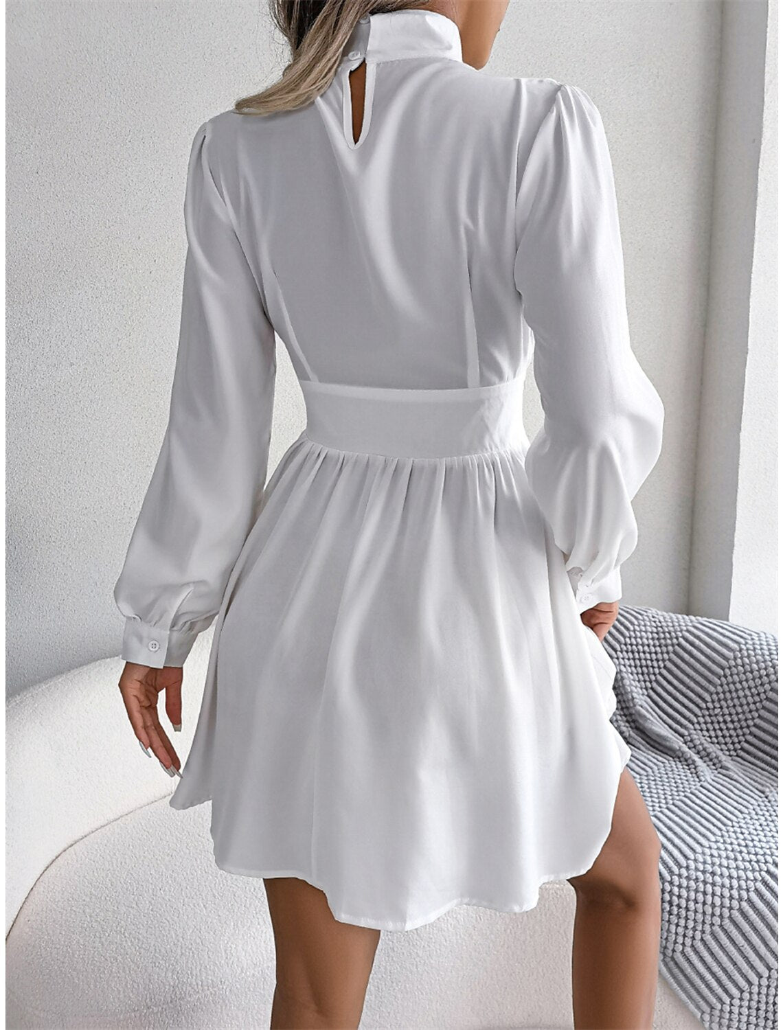 Wholesale Women‘s Christmas Party Dress Cut Out Dress Cocktail Dress Mini Dress Black White Wine Long Sleeve Pure Color Ruched Spring Fall Winter Stand Collar Fashion Wedding Guest Birthday Vacation