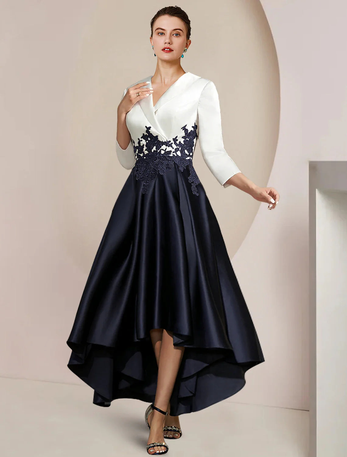 Wholesale A-Line Mother of the Bride Dress Formal Wedding Guest Elegant High Low Shirt Collar Asymmetrical Tea Length Satin Lace 3/4 Length Sleeve with Appliques Color Block