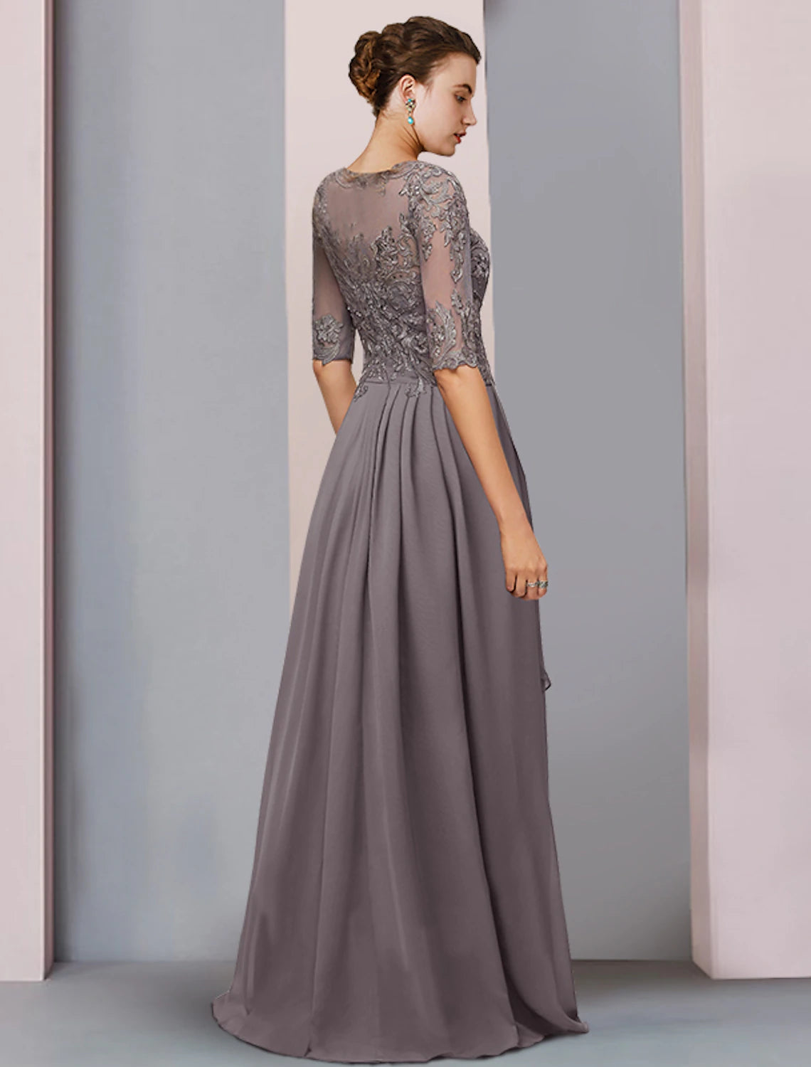 Wholesale  Sheath / Column Mother of the Bride Dress Wedding Guest Party Elegant Scoop Neck Asymmetrical Chiffon Lace Half Sleeve with Pleats