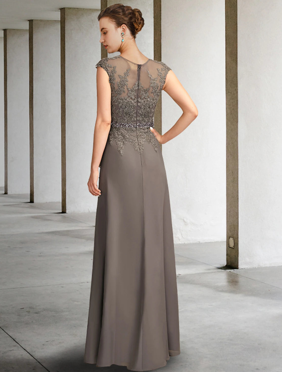 Wholesale  A-Line Mother of the Bride Dress Elegant V Neck Floor Length Chiffon Lace Cap Sleeve with Sash / Ribbon Appliques