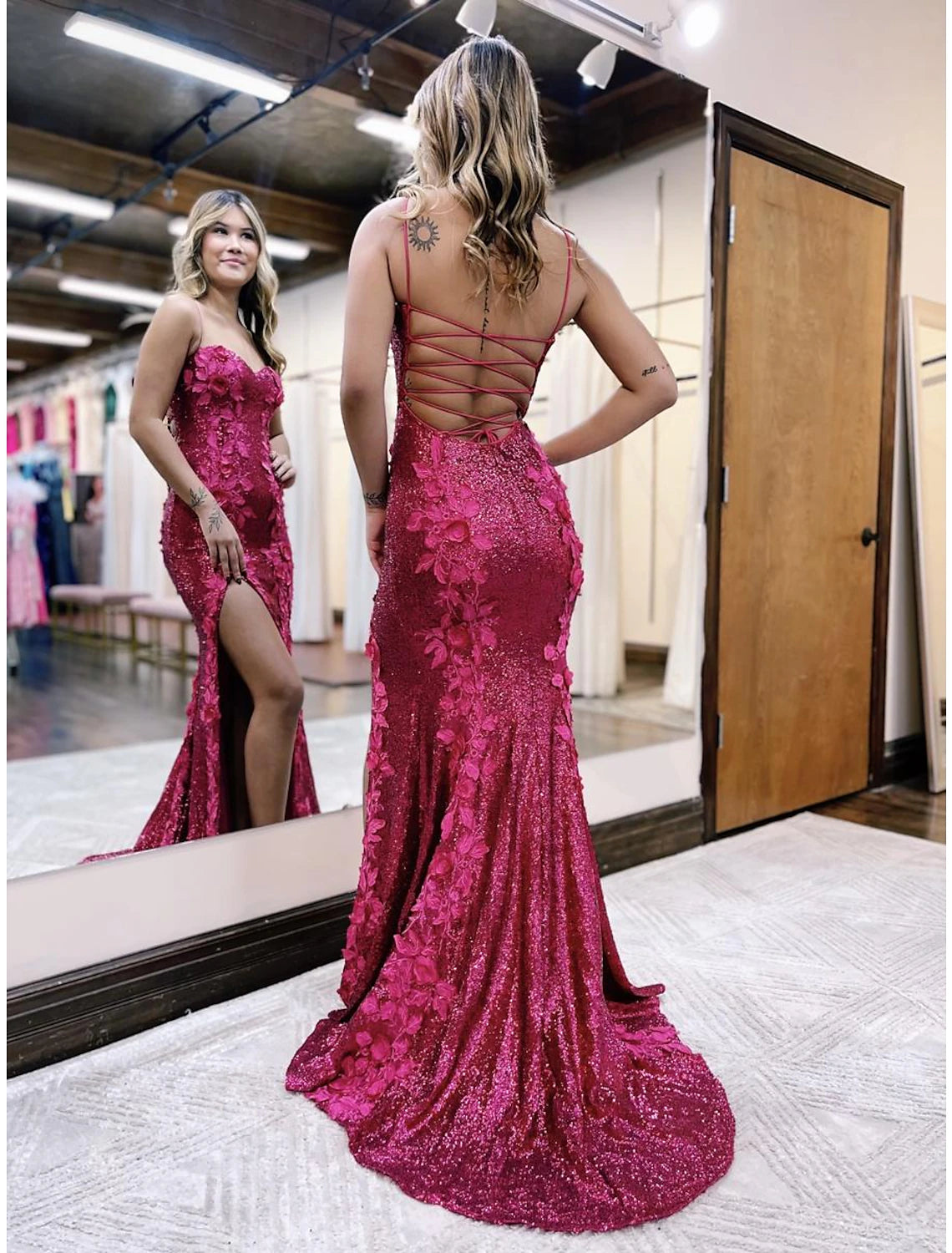 Wholesale Mermaid / Trumpet Evening Gown Sparkle & Shine Dress Formal Prom Sweep / Brush Train Sleeveless Spaghetti Strap Sequined Backless with Sequin Appliques
