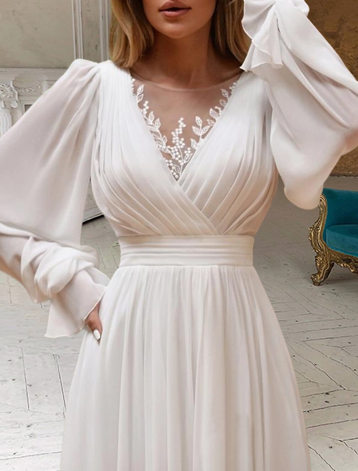 Wholesale Bridal Shower Little White Dresses Wedding Dresses A-Line Scoop Neck Long Sleeve Sweep / Brush Train Chiffon Bridal Gowns With Pleats Appliques