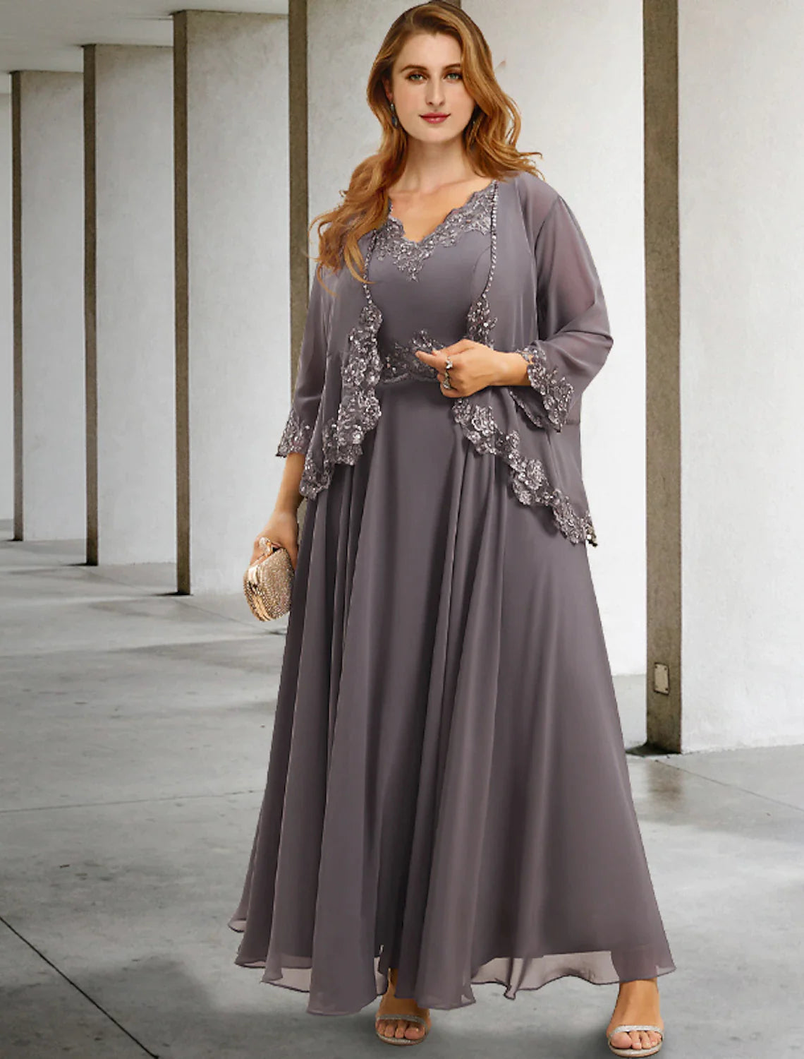 Wholesale Two Piece A-Line Wedding Guest Dresses Plus Size Hide Belly Elegant Dress Formal Tea Length Sleeveless V Neck Chiffon with Appliques