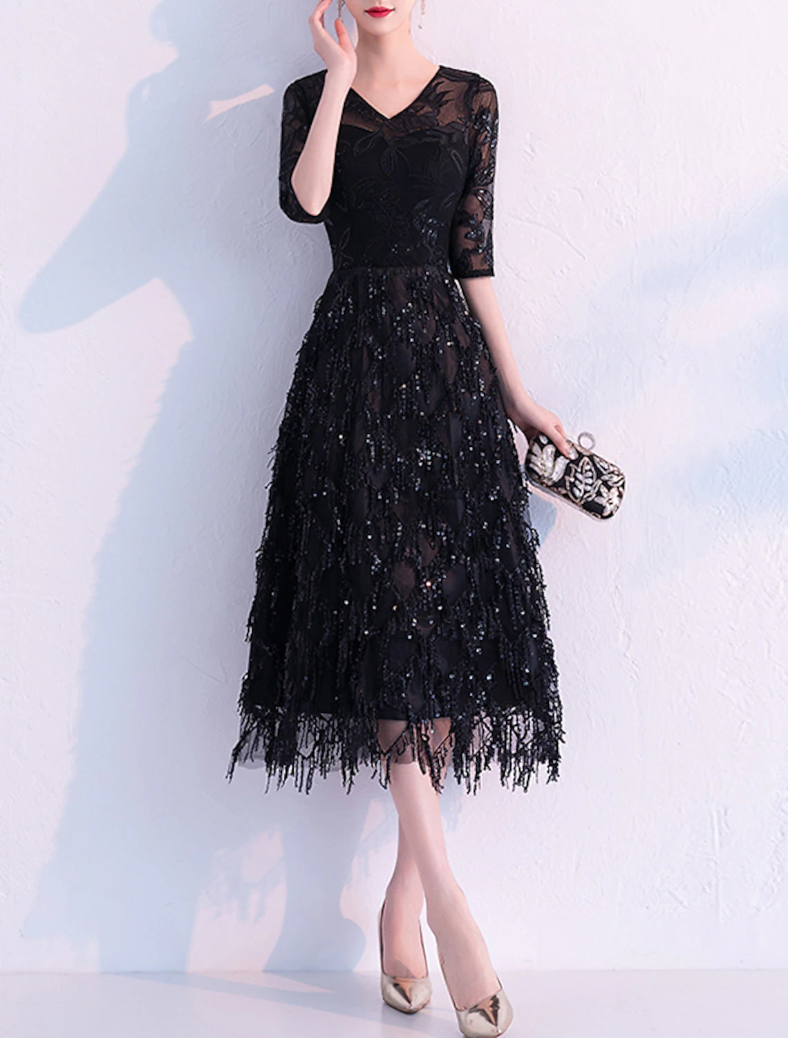 Wholesale A-Line Flapper Sparkle Party Wear Cocktail Party Dress V Neck Half Sleeve Tea Length Lace with Sequin Tassel
