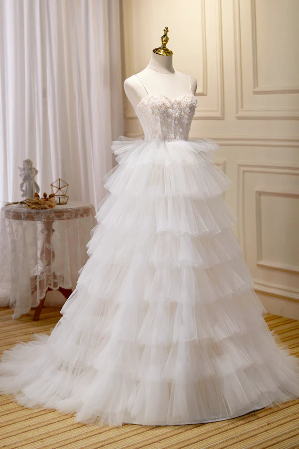 Wholesale Champagne Sweetheart Layers Princess Dress Spaghetti Straps Tulle Formal Gown