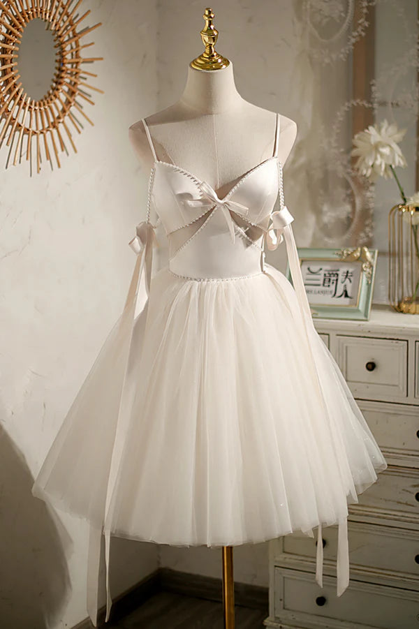 Wholesale Champagne V-Neck Tulle Short Prom Dress Spaghetti Straps Party Dress with Bow