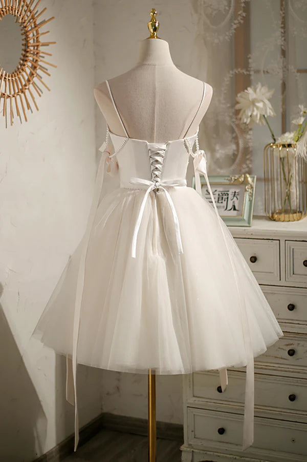 Wholesale Champagne V-Neck Tulle Short Prom Dress Spaghetti Straps Party Dress with Bow