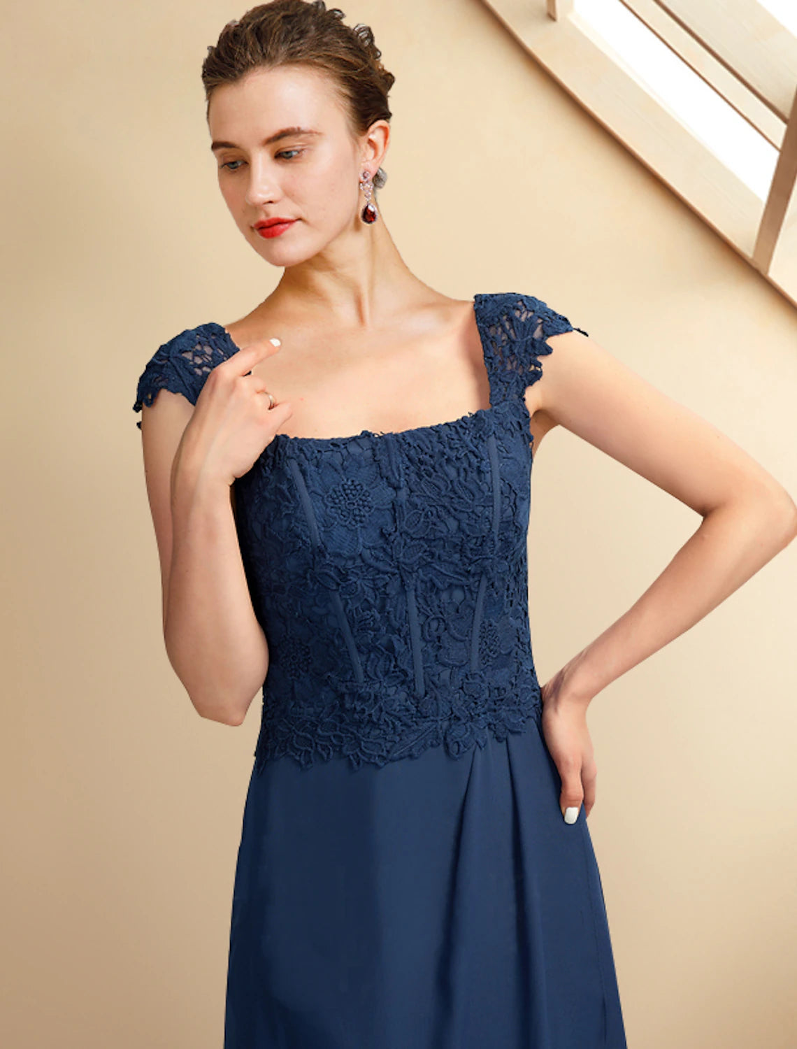 Wholesale  Two Piece A-Line Mother of the Bride Dress Church Plus Size Elegant High Low Square Neck Asymmetrical Tea Length Chiffon Lace Short Sleeve Wrap Included with Appliques