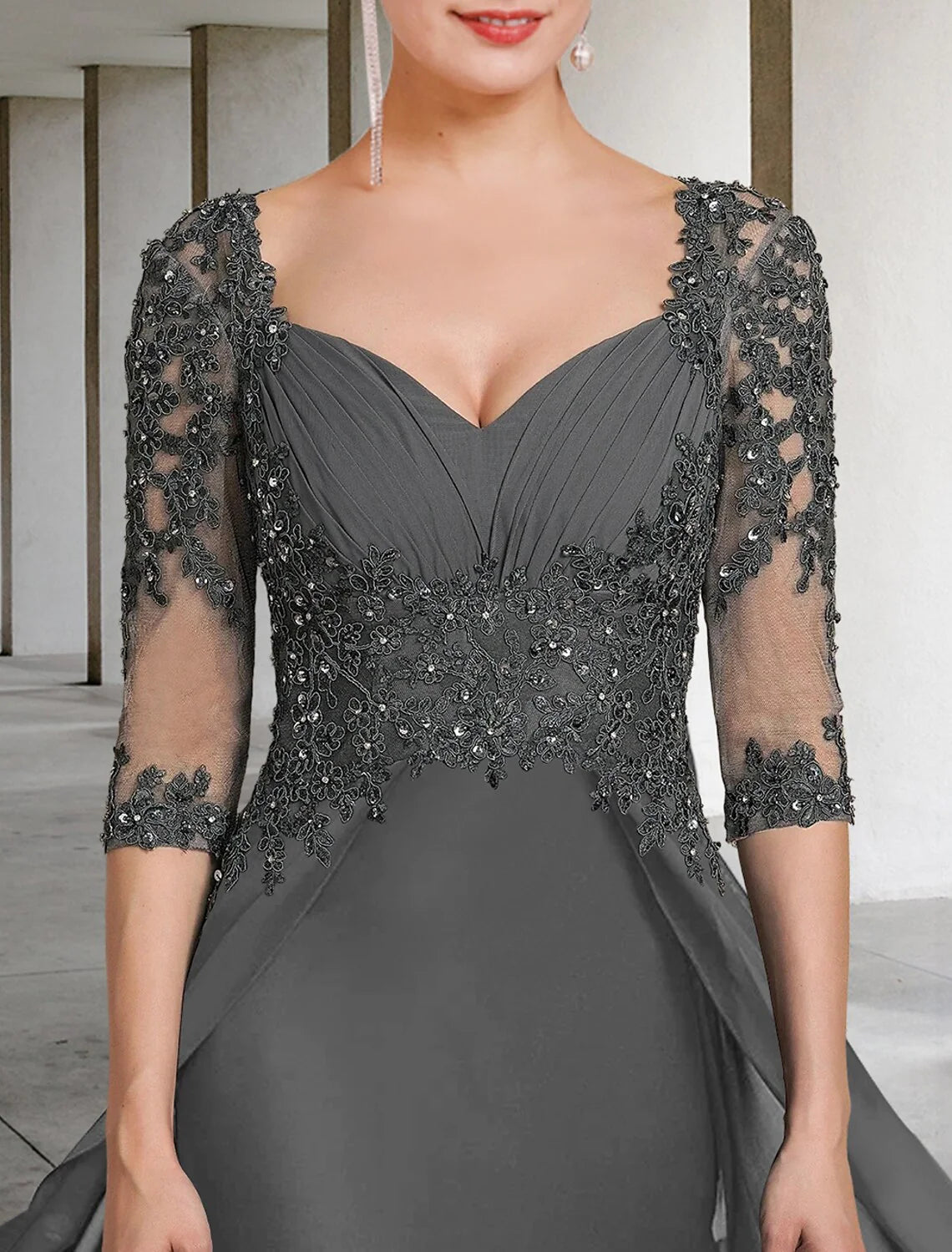 Wholesale Sheath / Column Mother of the Bride Dress Formal Wedding Guest Party Elegant Square Neck Floor Length Chiffon Lace 3/4 Length Sleeve with Sequin Appliques Ruching