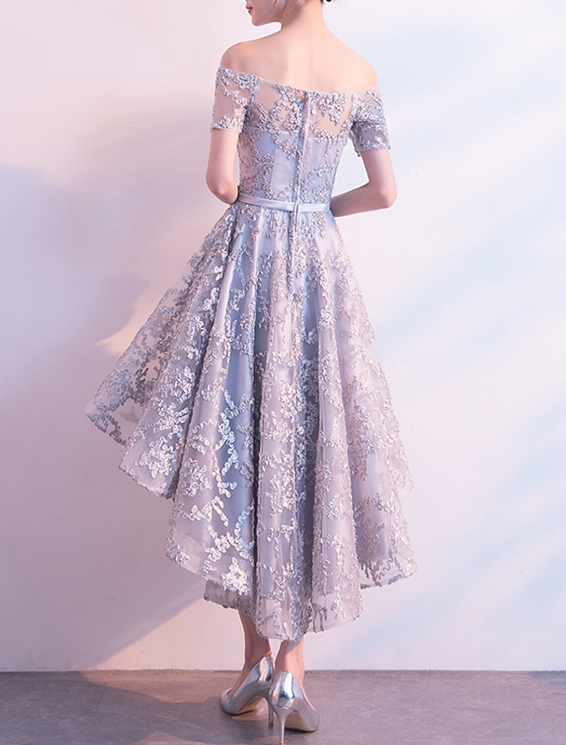 Wholesale A-Line Cocktail Dresses Minimalist Dress Wedding Guest Homecoming Asymmetrical Short Sleeve Off Shoulder Tulle with Bow(s) Pleats