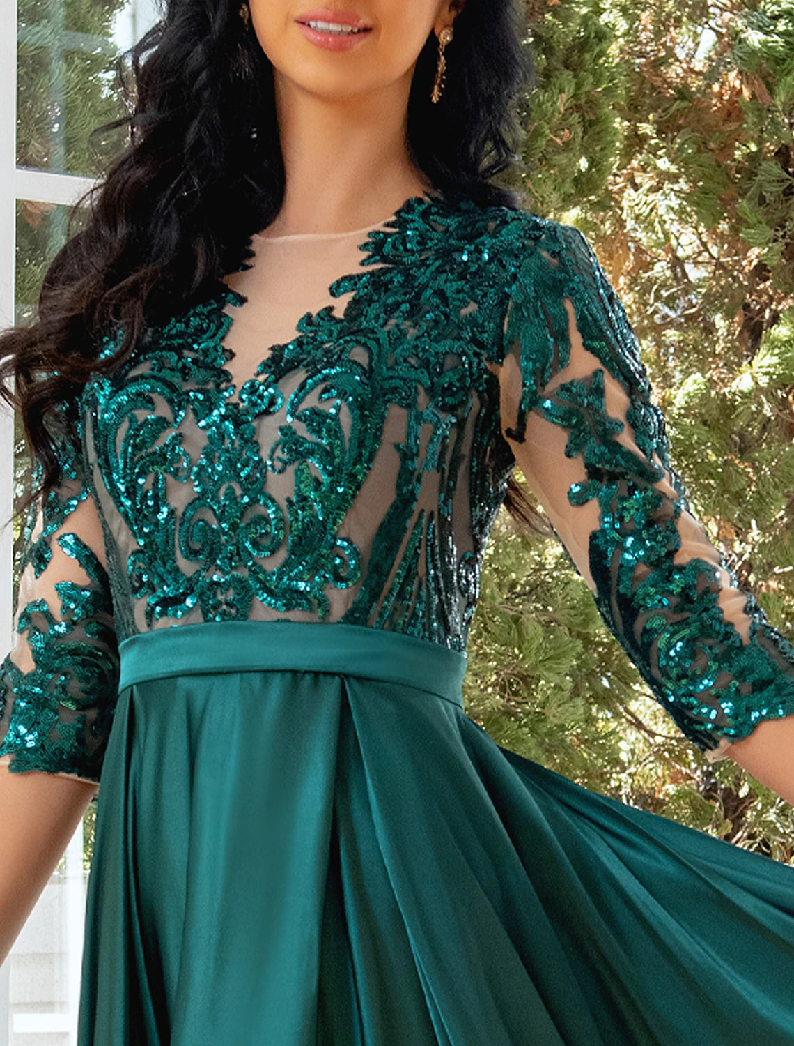 Wholesale A-Line Evening Gown Sparkle & Shine Dress Wedding Party Birthday Floor Length Half Sleeve Illusion Neck Satin with Pleats Sequin