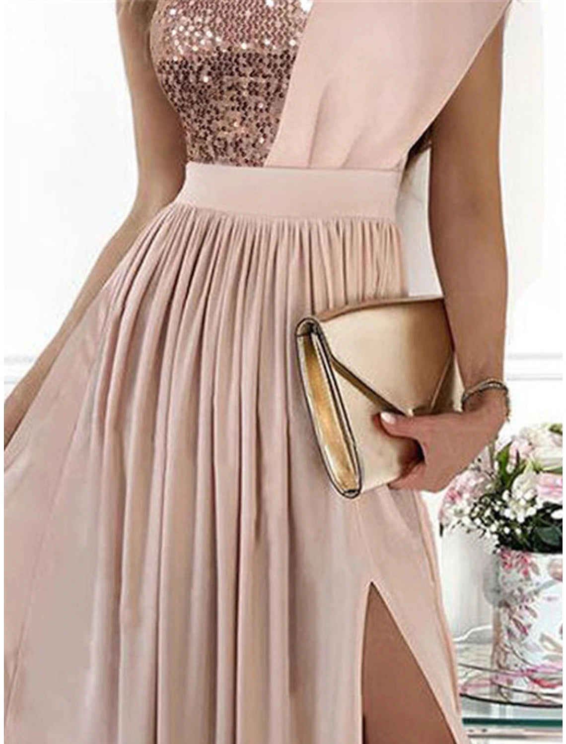 Wholesale Women's Pink Sequin Dress Prom Dress Party Dress Sparkly Dress Long Dress Maxi Dress Sleeveless Color Block Fall Winter One Shoulder Fashion Winter Dress