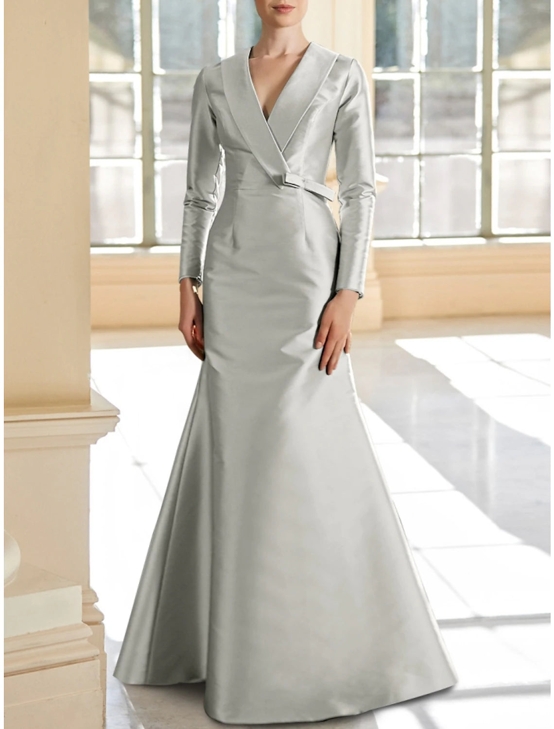Wholesale Mermaid / Trumpet Mother of the Bride Dress Wedding Guest Elegant V Neck Floor Length Satin Long Sleeve with Bow(s) Ruching