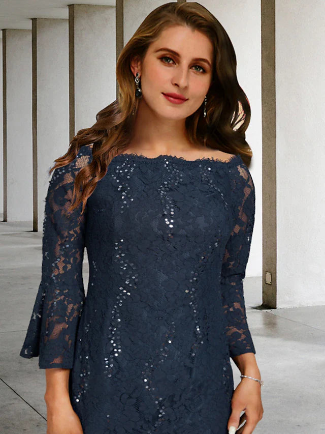 Wholesale A-Line Plus Size Curve Mother of the Bride Dresses Vintage Dress Formal Tea Length 3/4 Length Sleeve Jewel Neck Lace with Sequin Appliques