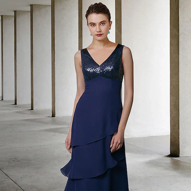 Wholesale A-Line Mother of the Bride Dress Elegant V Neck Floor Length Chiffon Sequined Sleeveless Wrap Included with Sequin Ruffles