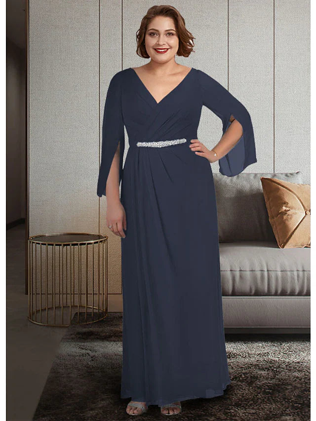 Wholesale A-Line Mother of the Bride Dress Plus Size Elegant V Neck Ankle Length Chiffon 3/4 Length Sleeve with Sash / Ribbon Ruching
