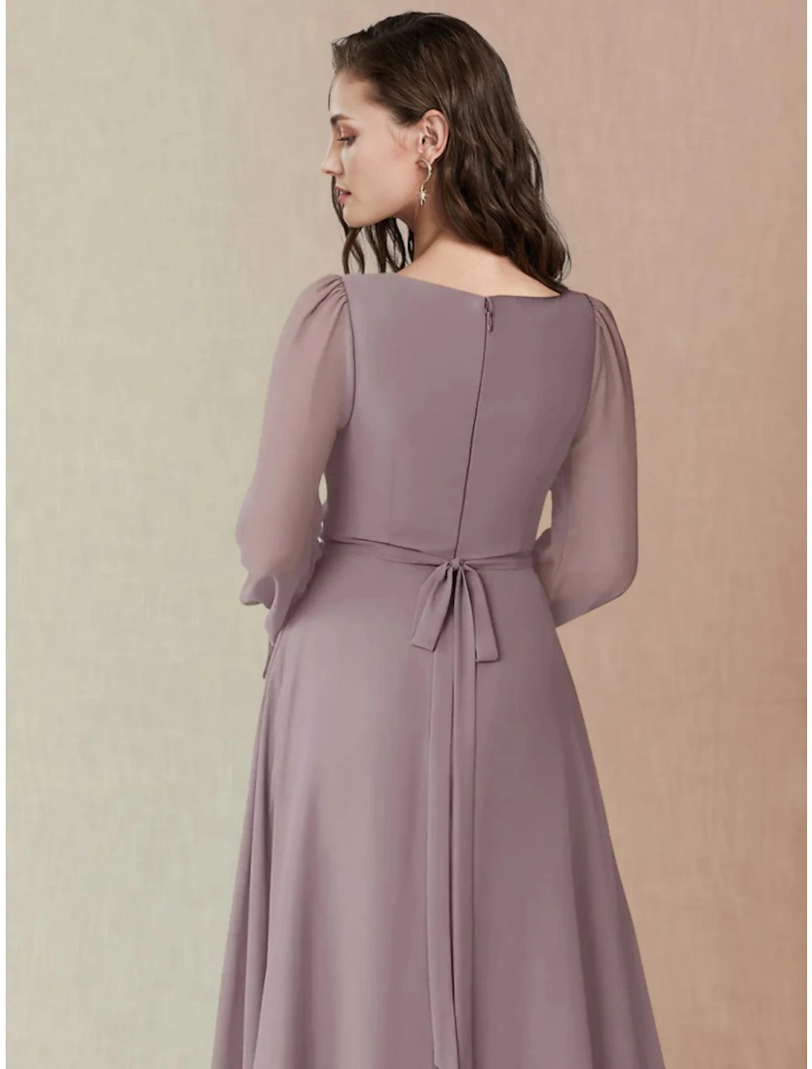 Wholesale A-Line Bridesmaid Dress Square Neck Long Sleeve Elegant Floor Length Chiffon with Split Front / Ruching