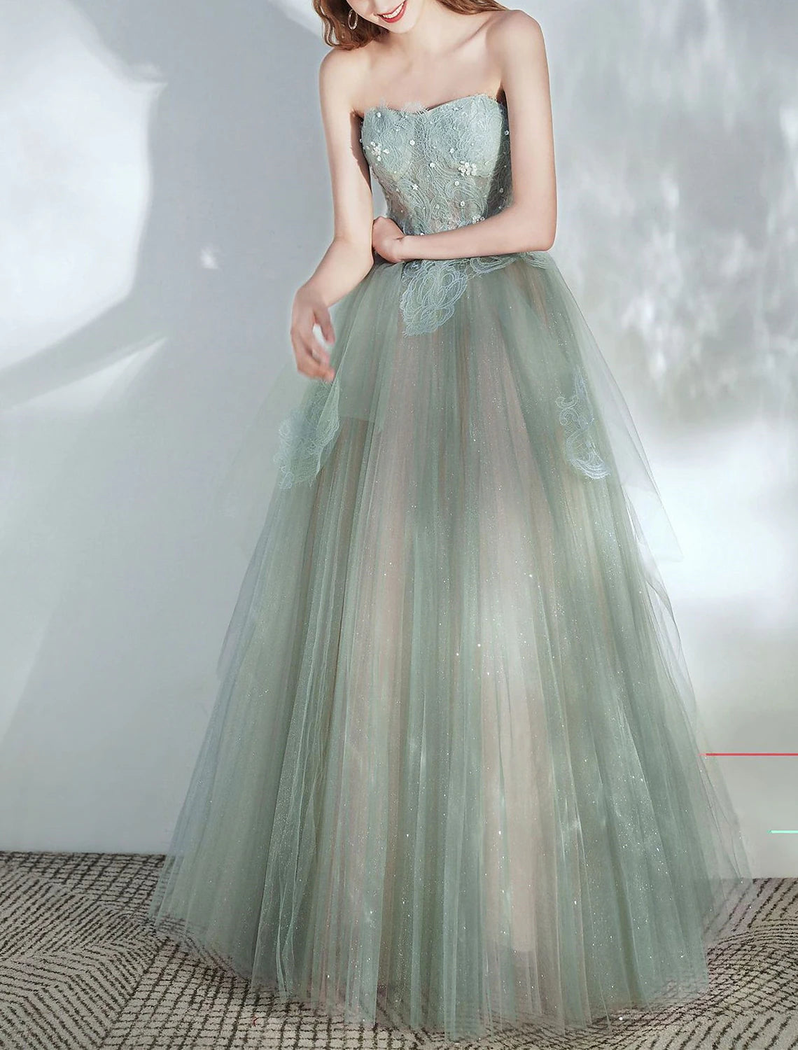 Wholesale A-Line Party Dresses Glittering Dress Prom Birthday Floor Length Sleeveless Strapless Tulle with Glitter
