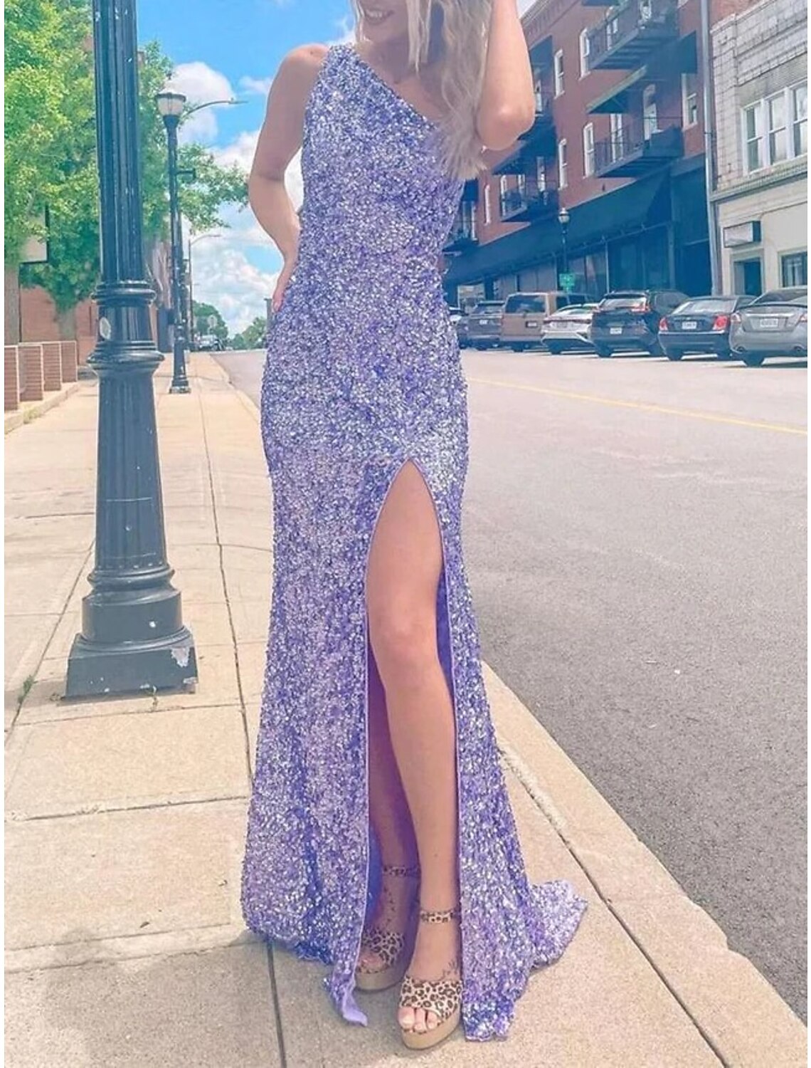 Wholesale  Sexy Prom Dresses Sparkle & Shine High Split Formal Evening Dress Mermaid One Shoulder Sleeveless Sweep / Brush Train Sequined with Sequin