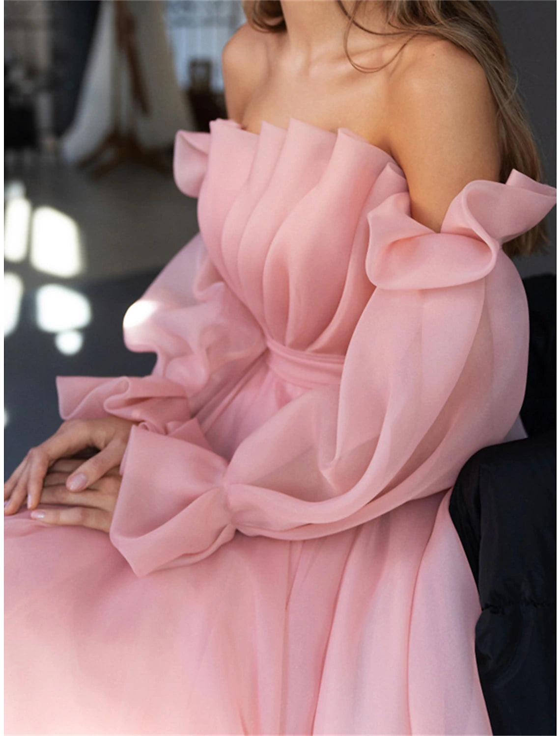 Wholesale Women's Prom Dress Party Dress Homecoming Dress Long Dress Maxi Dress Pink Long Sleeve Pure Color Ruched Fall Winter Autumn Strapless Fashion Wedding Guest Birthday Evening Party