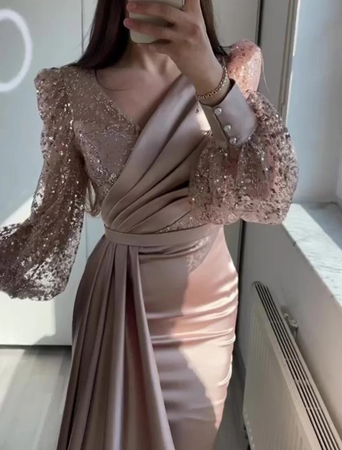 Wholesale Mermaid / Trumpet Evening Gown Vintage Dress Formal Black Tie Floor Length Long Sleeve V Neck Charmeuse with Buttons Pearls