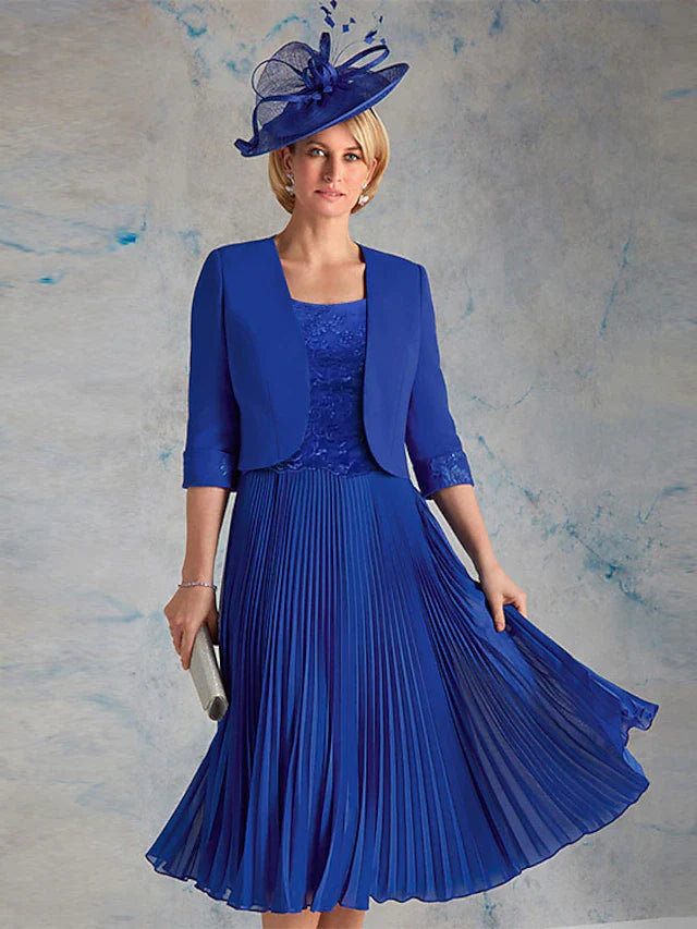 Wholesale Two Piece Mother of the Bride Dress Church Elegant & Luxurious Scoop Neck Tea Length Chiffon 3/4 Length Sleeve Short Jacket Dresses with Lace Ruching