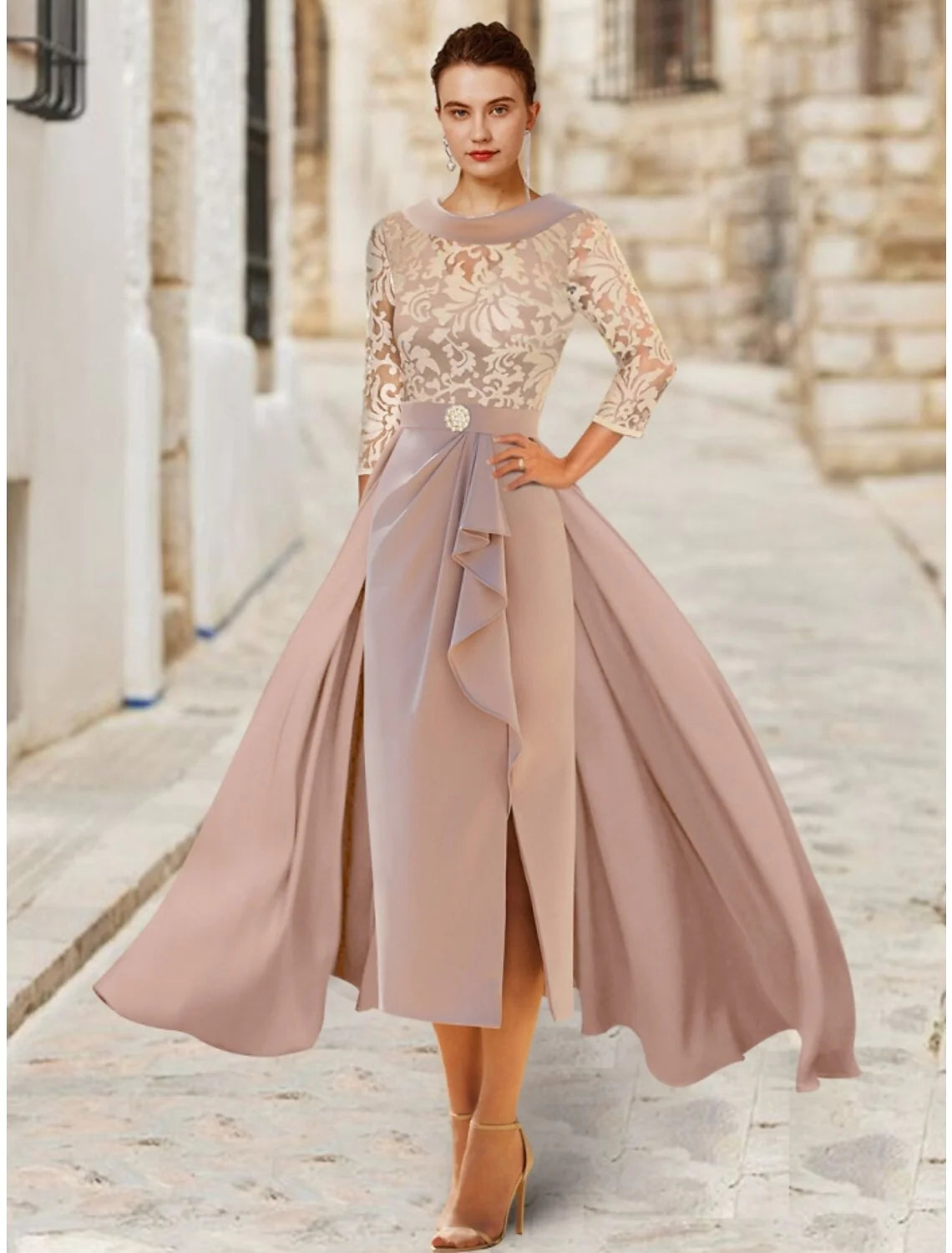 Wholesale A-Line Mother of the Bride Dress Wedding Guest Elegant Scoop Neck Ankle Length Satin Lace 3/4 Length Sleeve with Ruffles Split Front Ruching
