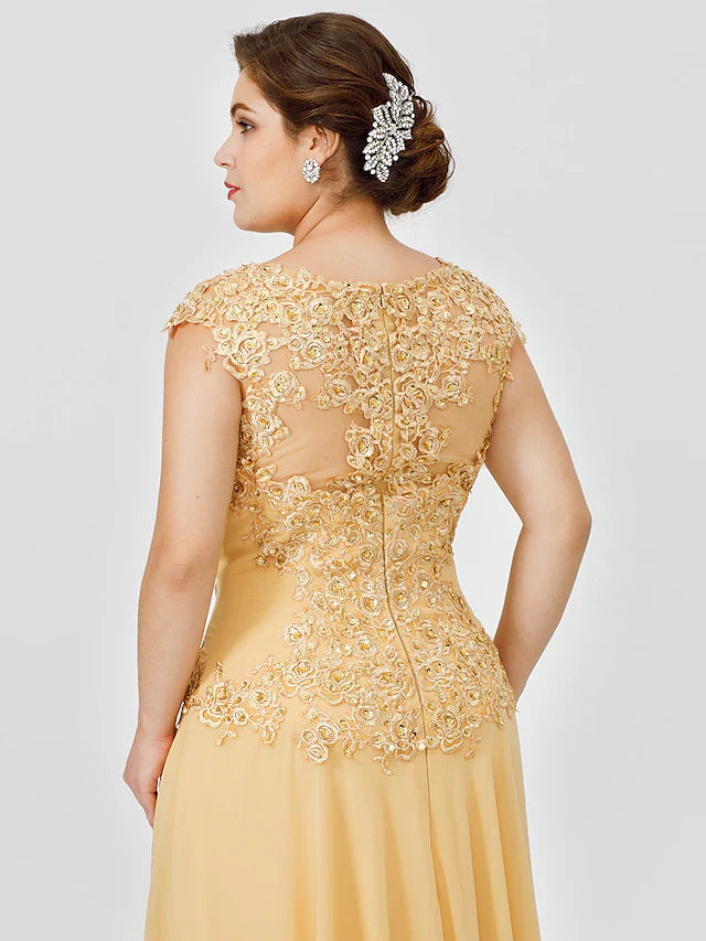 Wholesale A-Line Mother of the Bride Dress Plus Size Elegant Illusion Neck Sweep / Brush Train Chiffon Beaded Lace Short Sleeve No with Bow(s) Pleats