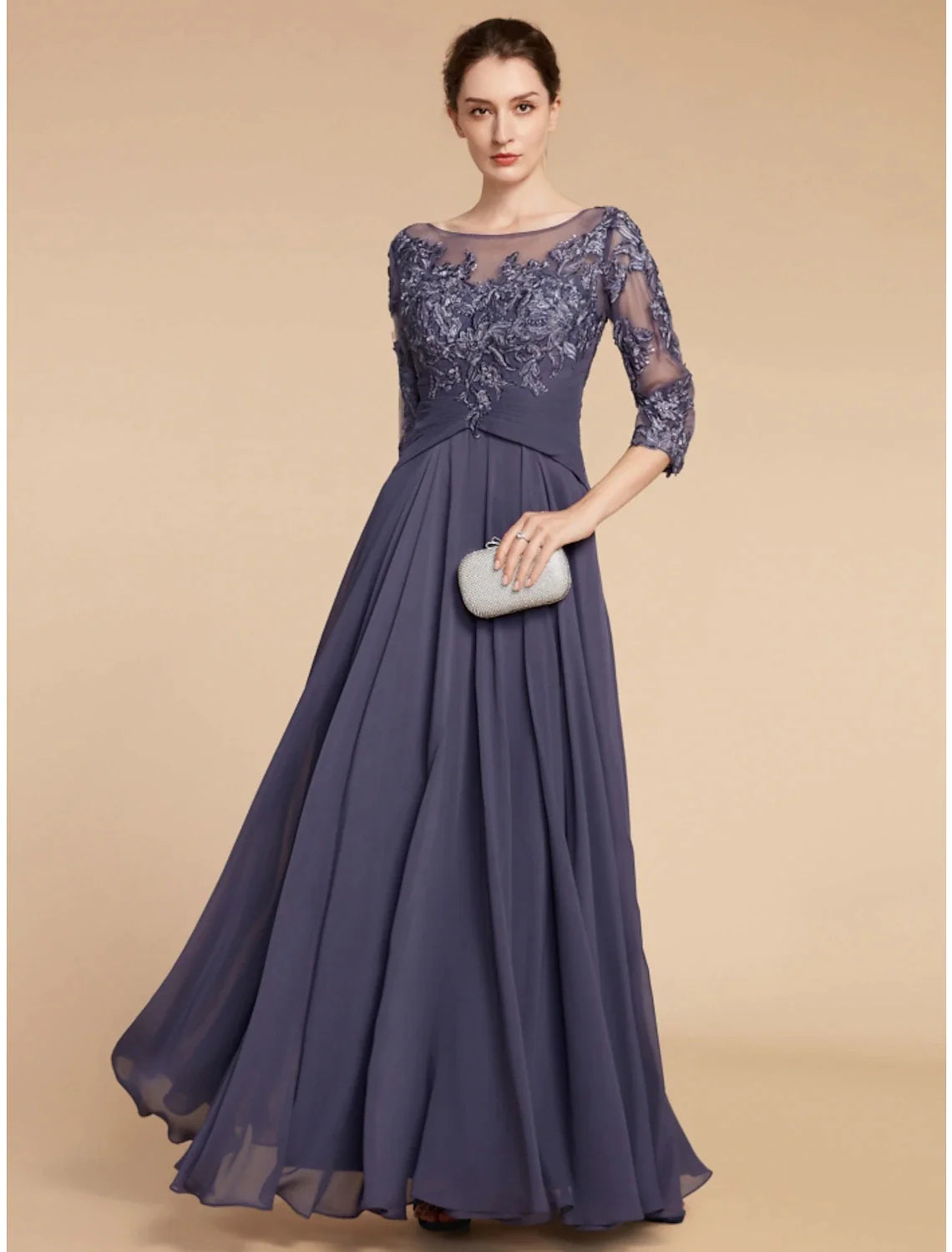 Wholesale A-Line Mother of the Bride Dress Wedding Guest Elegant Scoop Neck Floor Length Chiffon Lace 3/4 Length Sleeve with Ruching Solid Color