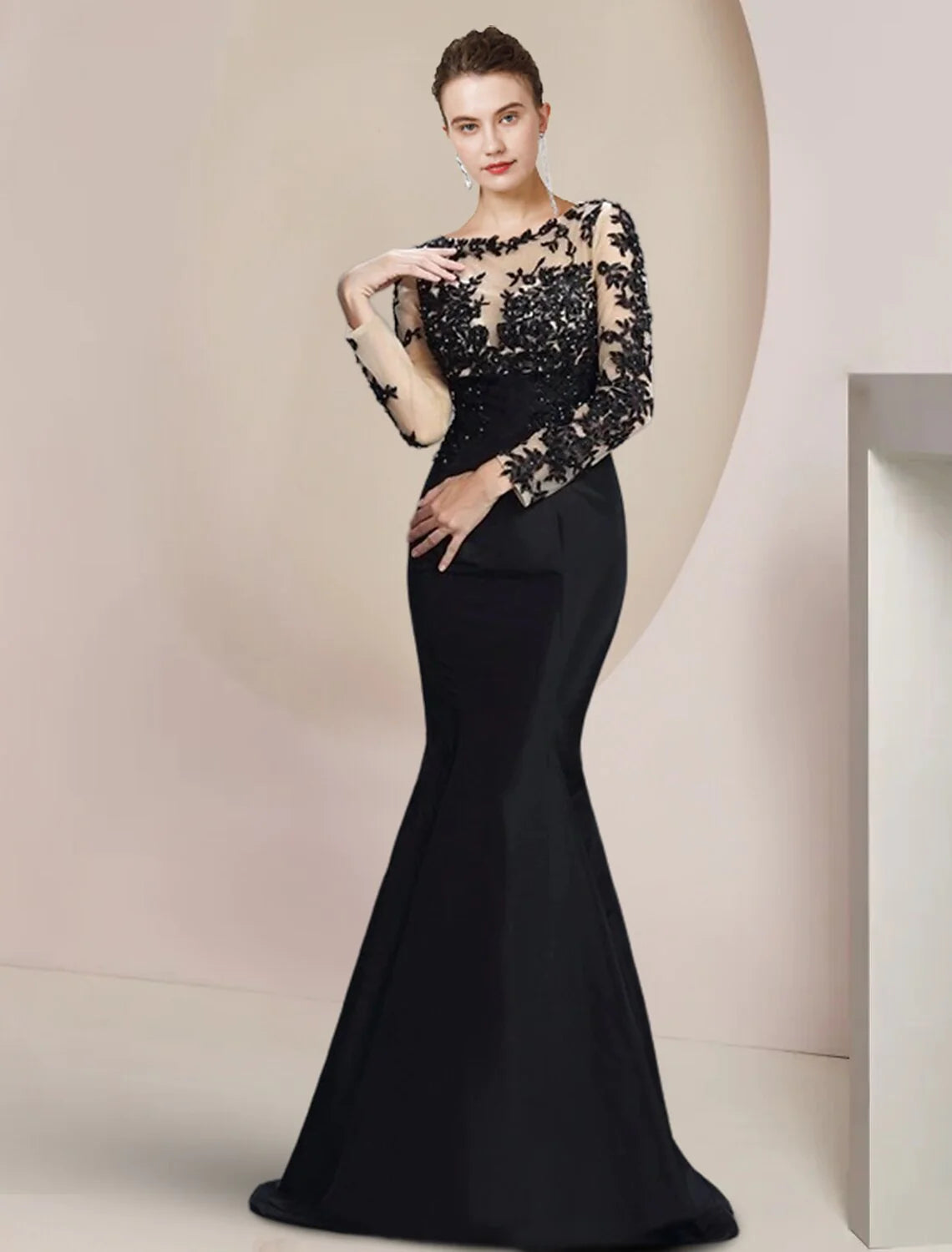 Wholesale Mermaid / Trumpet Mother of the Bride Dress Formal Wedding Guest Party Elegant Jewel Neck Floor Length Satin Lace Long Sleeve with Appliques