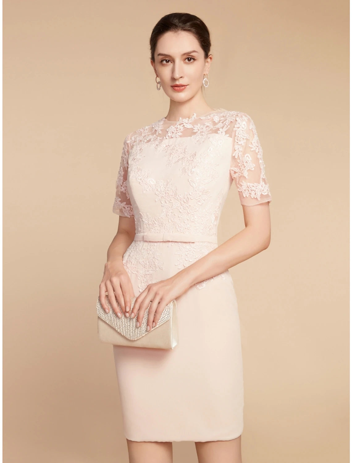 Wholesale Two Piece A-Line Mother of the Bride Dress Wedding Guest Elegant Petite Jewel Neck Short / Mini Lace Stretch Fabric 3/4 Length Sleeve with Bow(s) Ruffles Solid Color