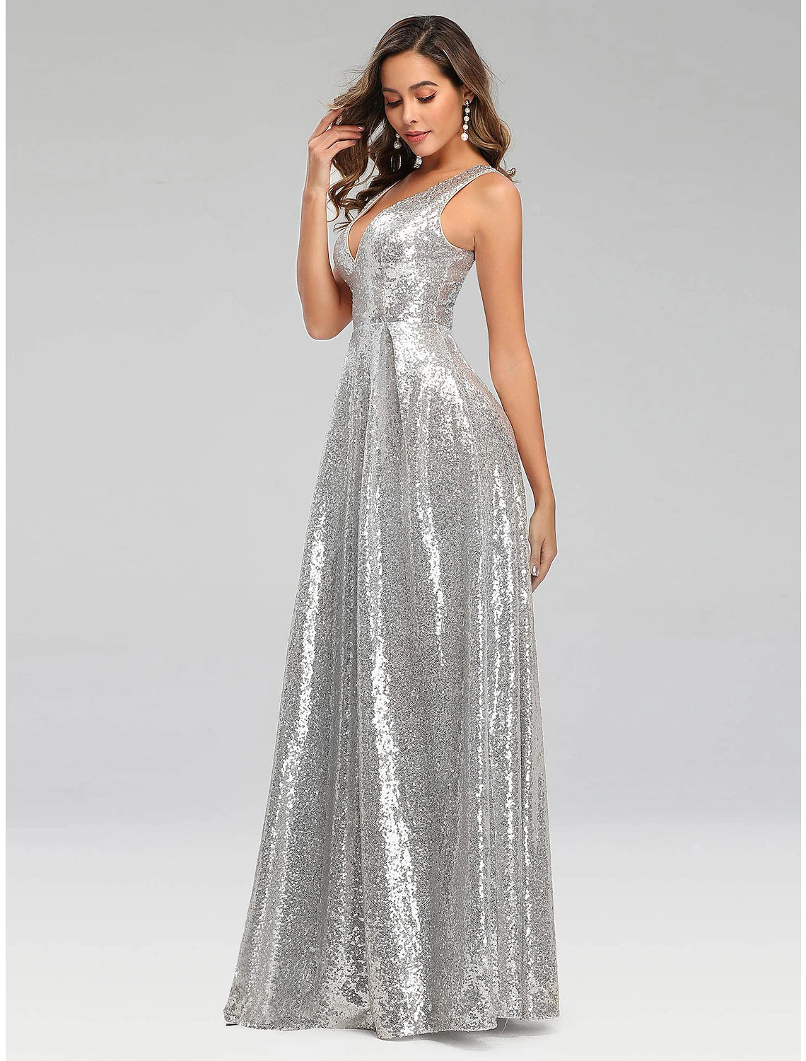 Wholesale  A-Line Prom Dresses Sparkle Dress Wedding Guest Engagement Floor Length Sleeveless V Neck Polyester V Back with Sequin