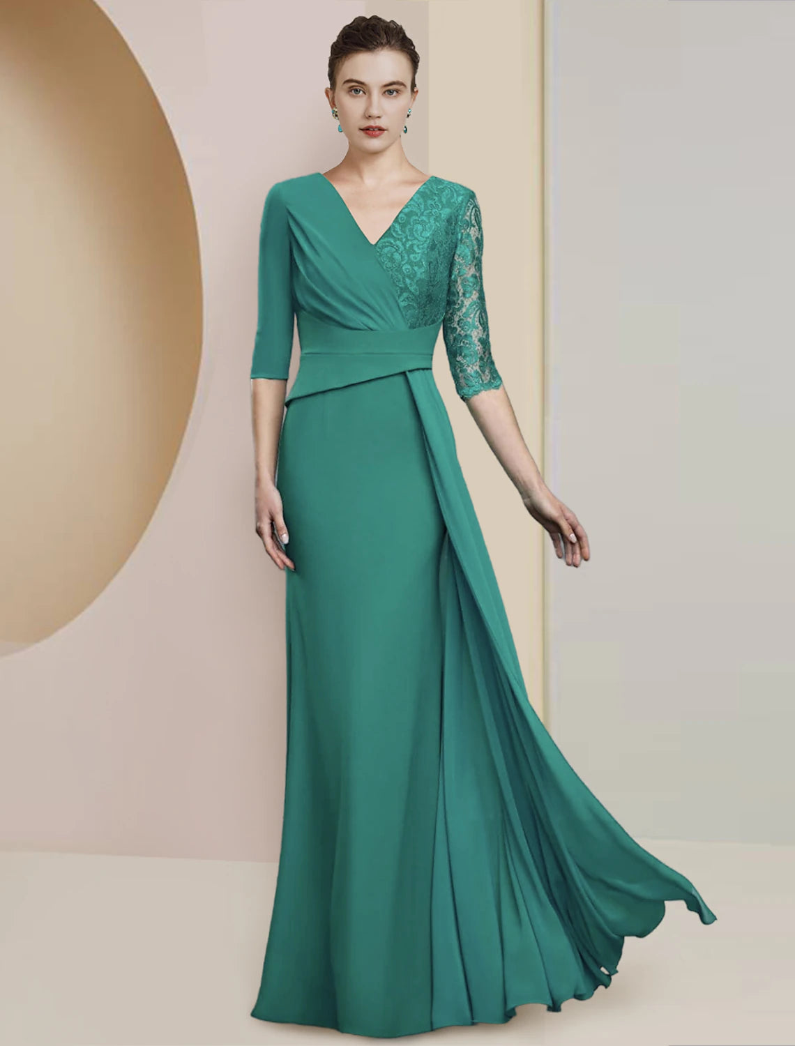 Wholesale Sheath / Column Mother of the Bride Dress Formal Wedding Guest Elegant Party V Neck Floor Length Chiffon Lace Half Sleeve with Ruching