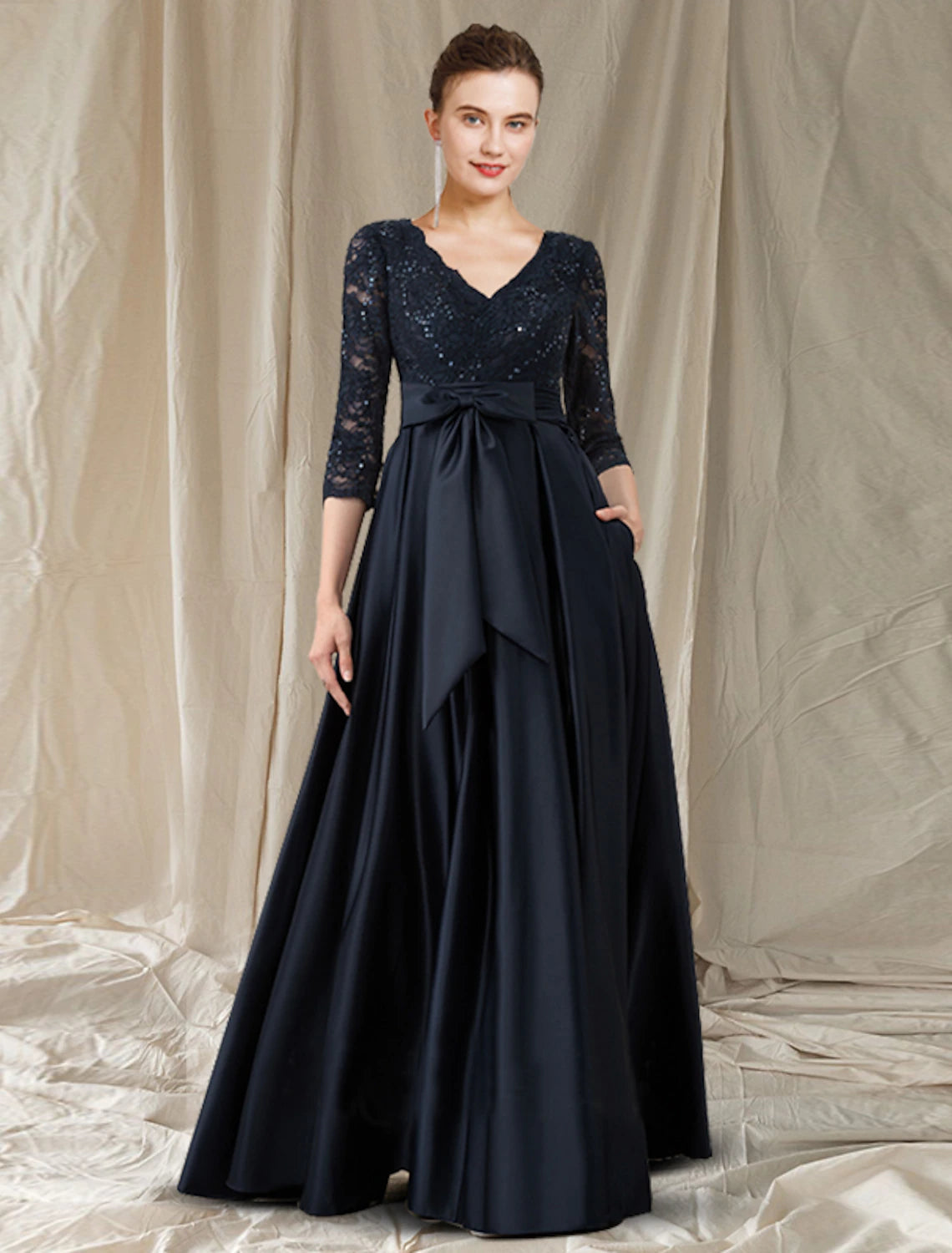 Wholesale A-Line Cut Out Elegant Engagement Formal Evening Dress V Neck Long Sleeve Floor Length Lace with Bow(s) Pocket