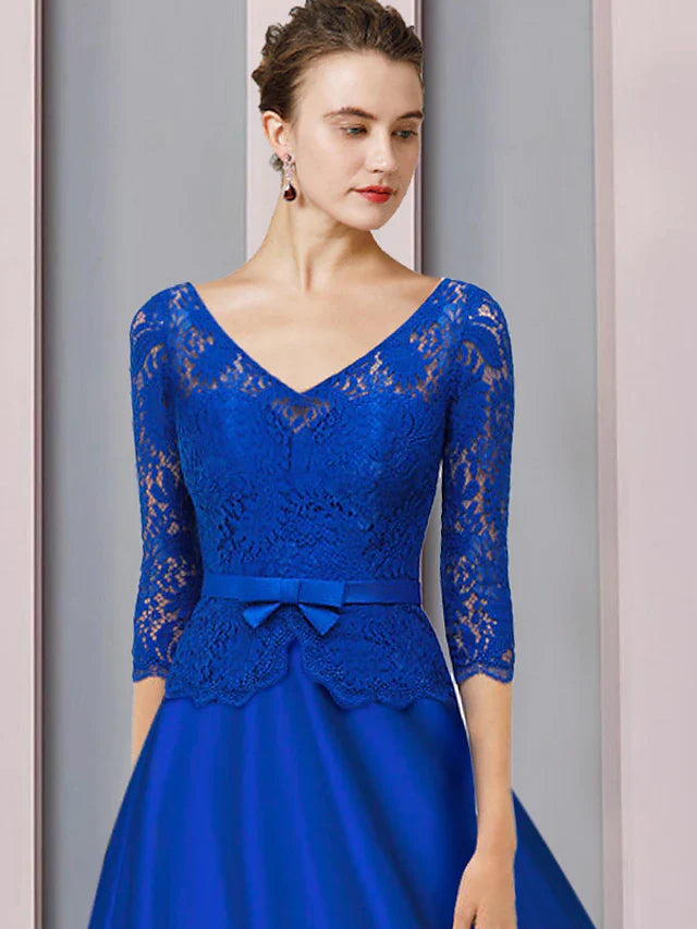 Wholesale A-Line Mother of the Bride Dress Formal Wedding Guest Party Elegant V Neck Tea Length Satin Lace Half Sleeve with Bow(s) Appliques