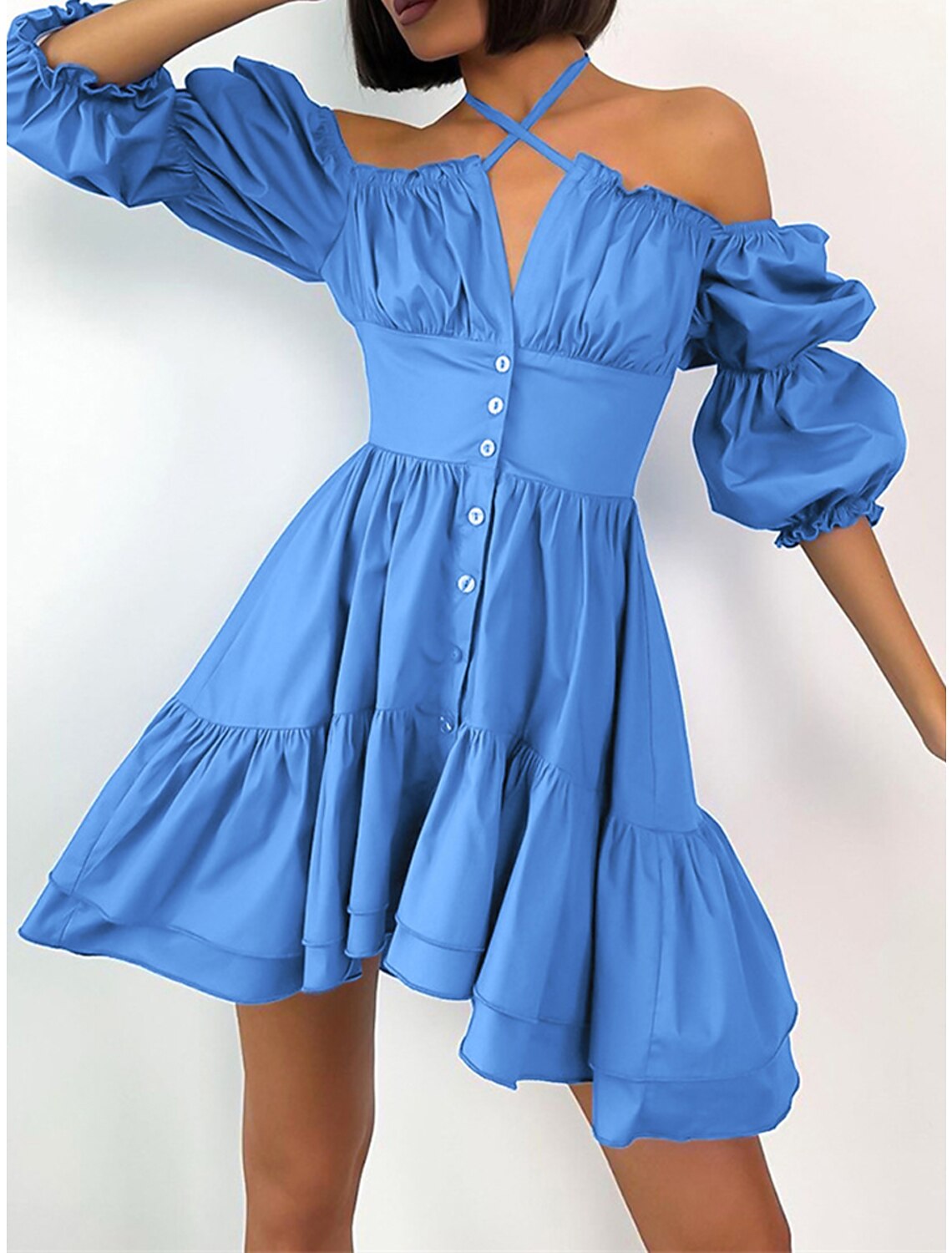 Wholesale Women's Party Dress Homecoming Dress Cocktail Dress Mini Dress Blue Fuchsia Green Long Sleeve Plain Lace up Summer Spring Fall Halter Neck Party Wedding Guest Birthday Vacation